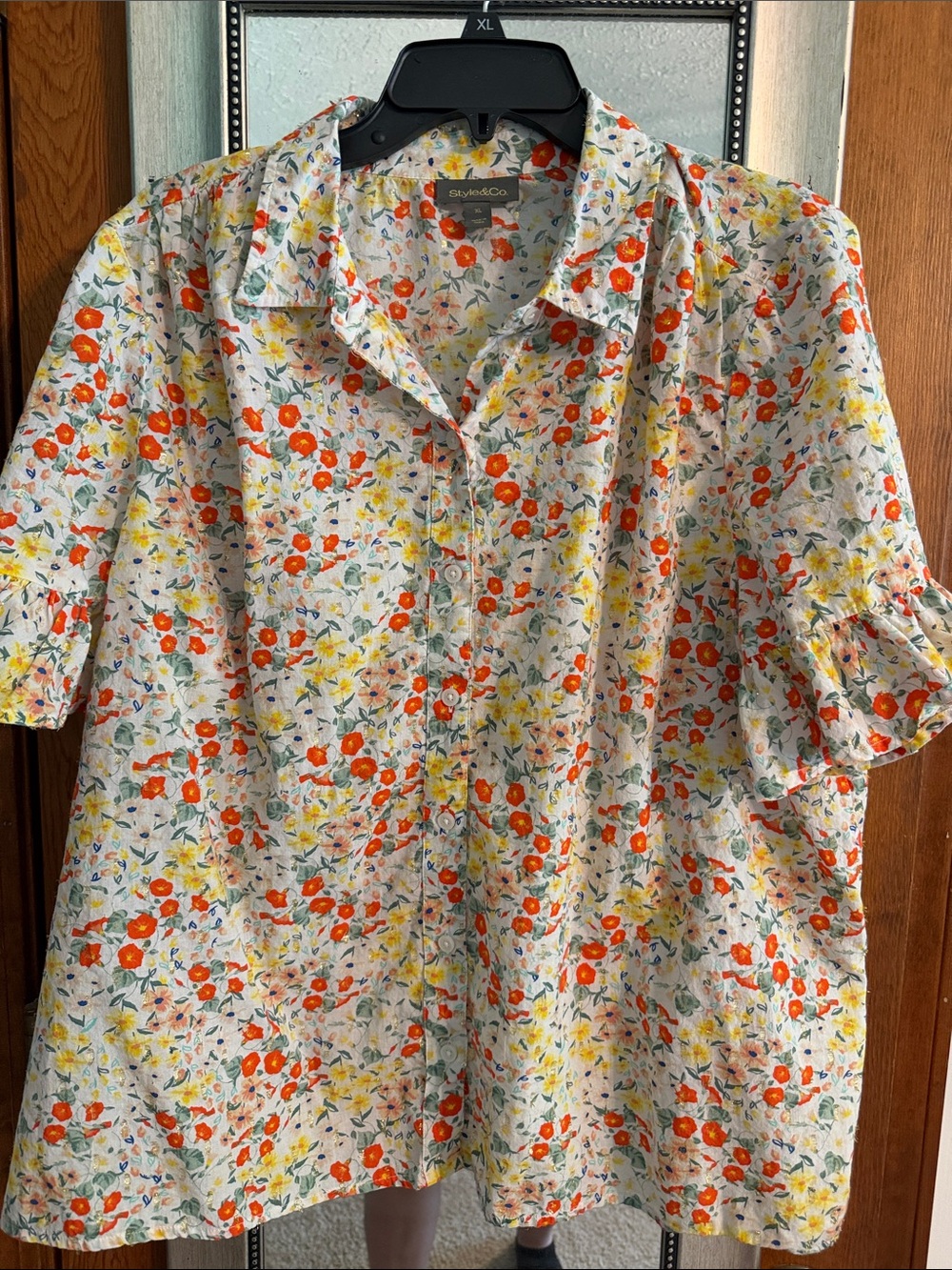 Style & Co Women’s White Floral Yellow, Orange Button-Up Shirt